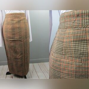 Liz Claiborne Houndstooth Plaid Beige Orange Brown Modest Maxi Skirt